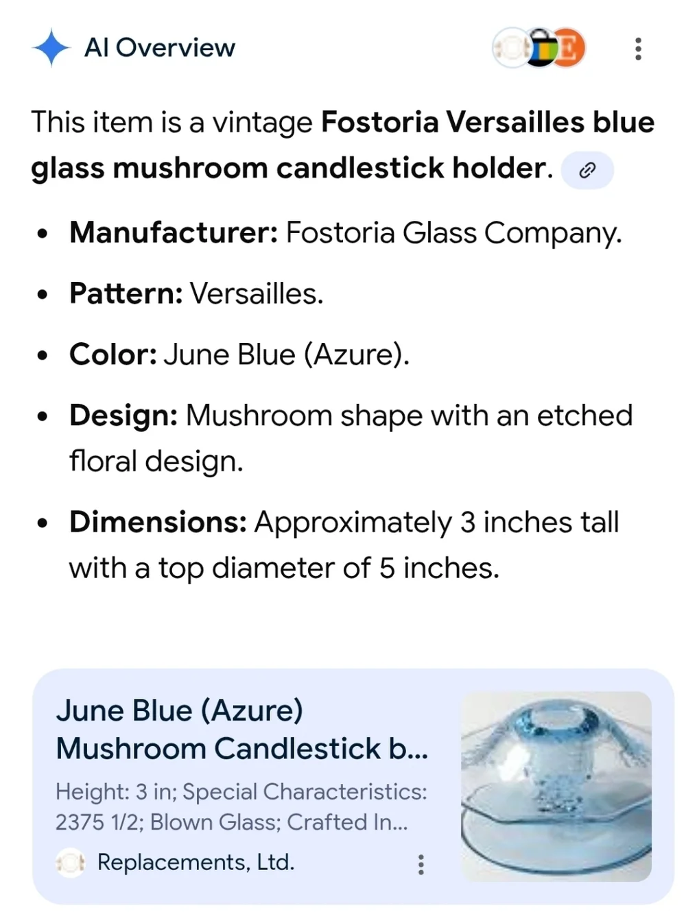 1 Vintage Fostoria Versailles etched Azure clear blue Mushroom Shape Candlestick